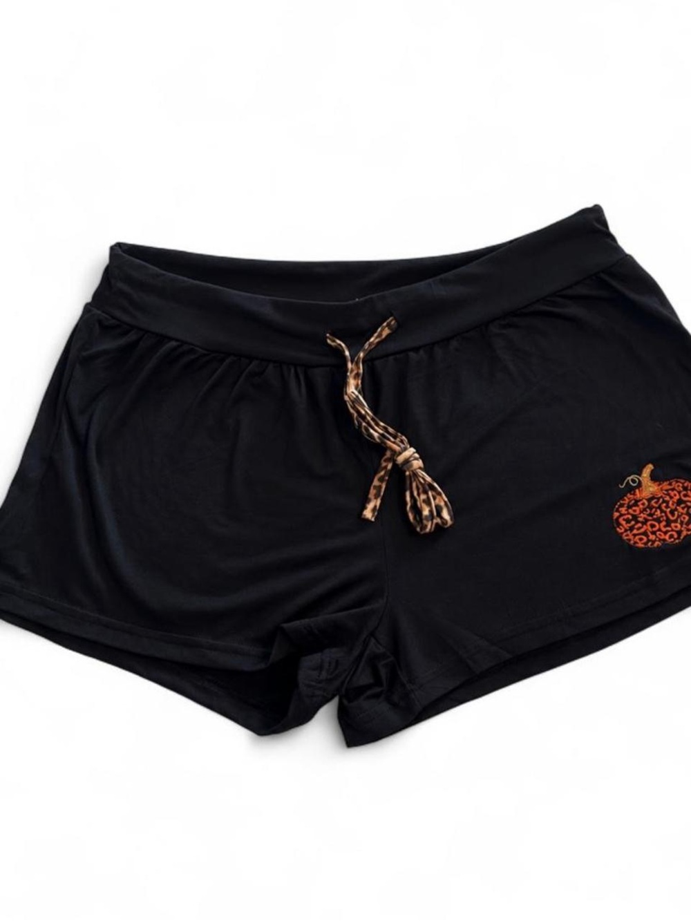Black Women's Lounge Shorts with Leopard Tie and Embroidered Pumpkin Accent